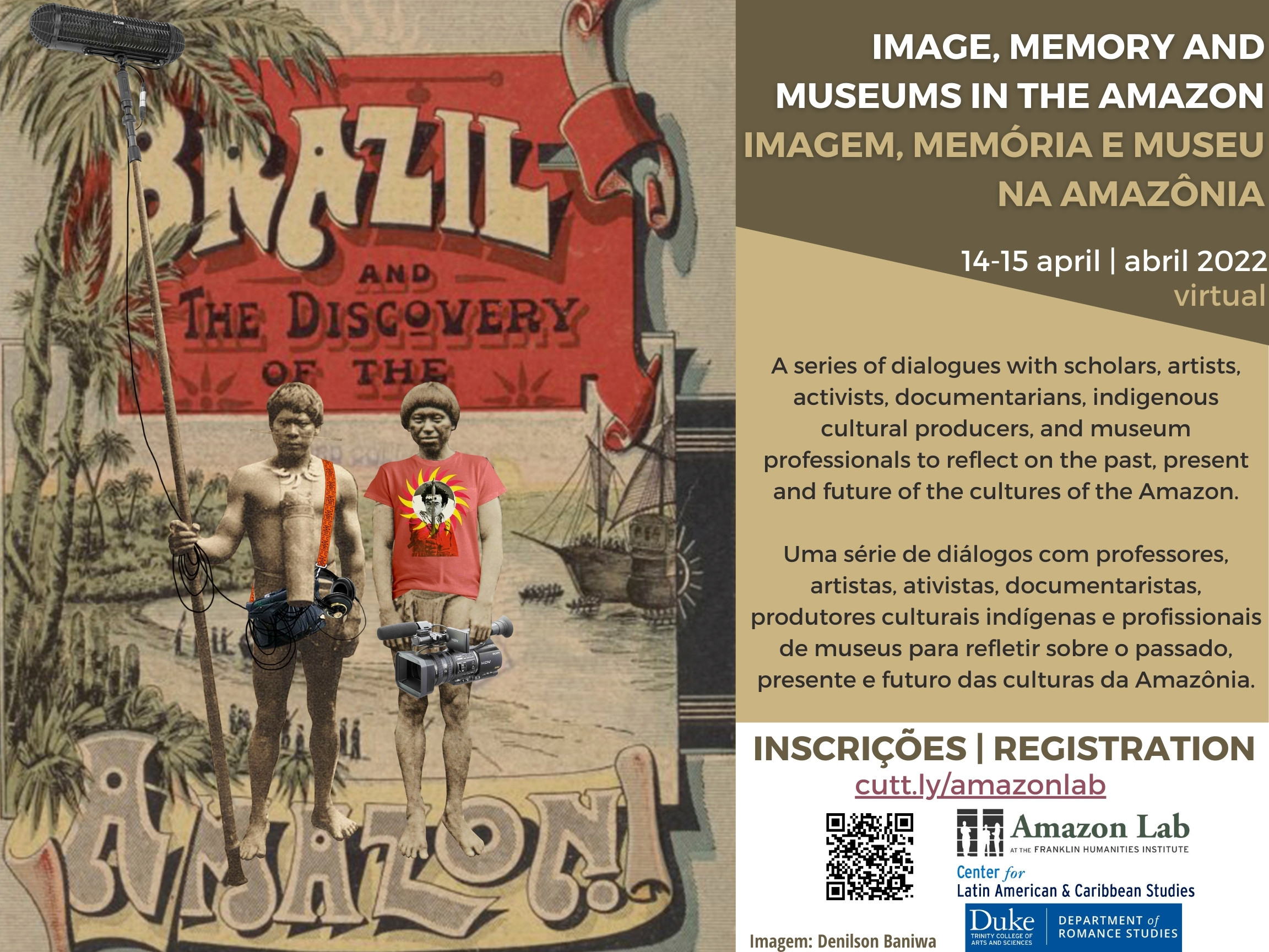 Image of an old poster of two indigenous men in front of a sign that says "Brazil and the Discovery of the Amazon" - one of the men is wearing a red t-shirt - Next to text of the event description