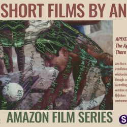 Three Short Films by Ana Vaz - Image of an Indigenous person with green text written over the image