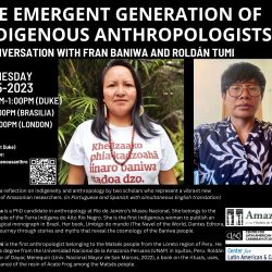 flier for the event. Text of the event included in the event description. Images of the speakers: a brown woman and a brown man, Indigenous anthropologists from the Amazon region.