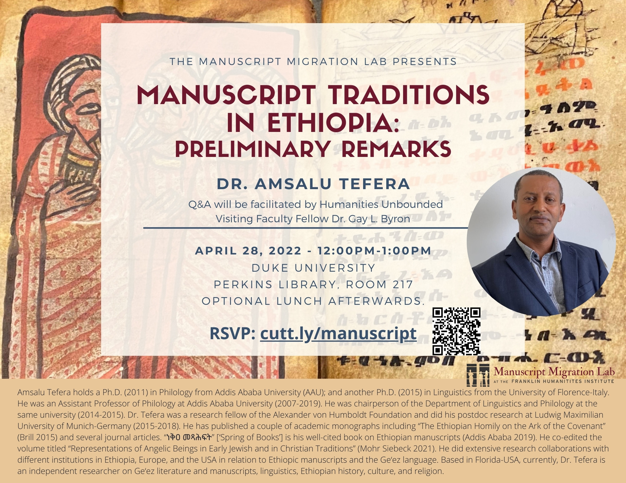 Background image of Ethiopic manuscript - foreground image of Dr. Amsalu Tefera (a black man wearing a blue suit) - with text of event description