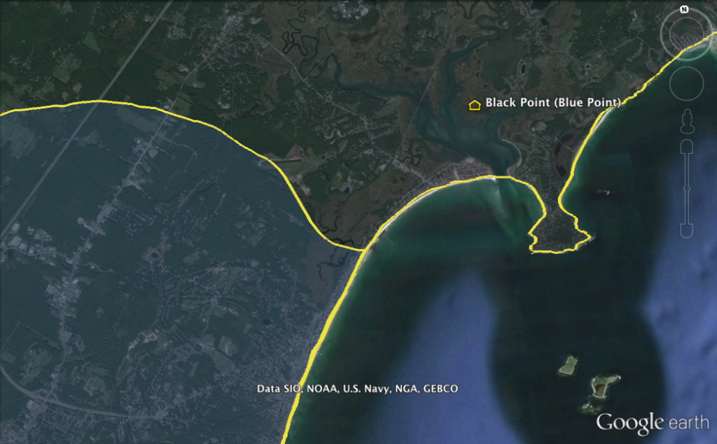 Black Point, the sight of Richard Foxwell's mistaken settlement, in relation to the actual Lewis-Bonighton grant.