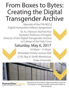 Flyer for 2017 FHI-NCCU Fellows Symposium - mostly conference info w/ yellow decorative chevrons and cropped image of archival boxes