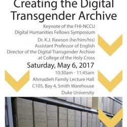 Flyer for 2017 FHI-NCCU Fellows Symposium - mostly conference info w/ yellow decorative chevrons and cropped image of archival boxes