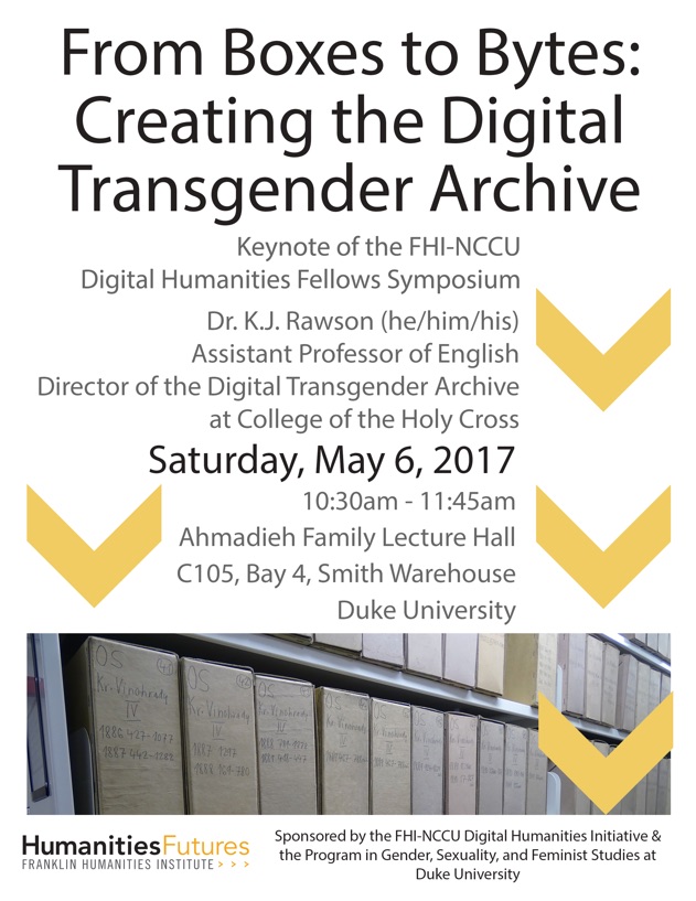 Flyer for 2017 FHI-NCCU Fellows Symposium - mostly conference info w/ yellow decorative chevrons and cropped image of archival boxes