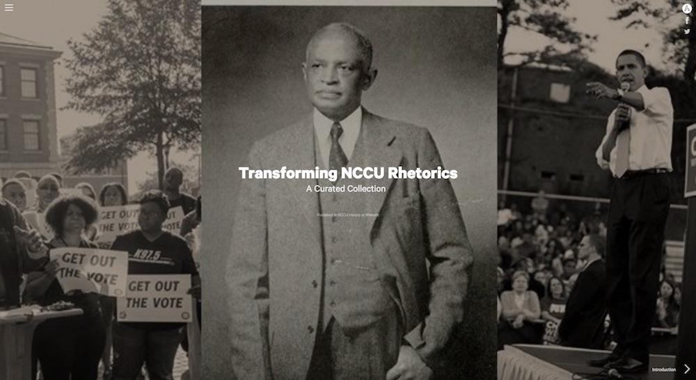 Screenshot of Transforming NCCU Rhetorics website home page, 3 panels with group of students holding "get out the vote" signs on left; black & white portrait of NCCU Founder James E. Shepard in center; President Barack Obama speaking on stage on left