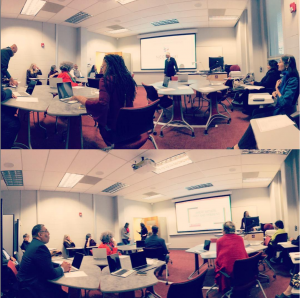 2 vertically stacked panoramas of new Digital Humanities Lab at North Carolina Central University... presenters in front of room with audience seated around