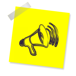 Graphic of megaphone on post-it with scotch tape in upper left corner - Creative Commons 4.0 BY-NC